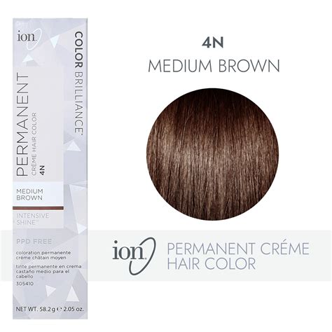 May 31, 2023 · Ion 4N Medium Brown Permanent Creme Hair Color 4N Medium Brown. by Ion. Color: 4N Medium BrownSize: 2.05 Ounce (Pack of 1) Change. Write a review. 